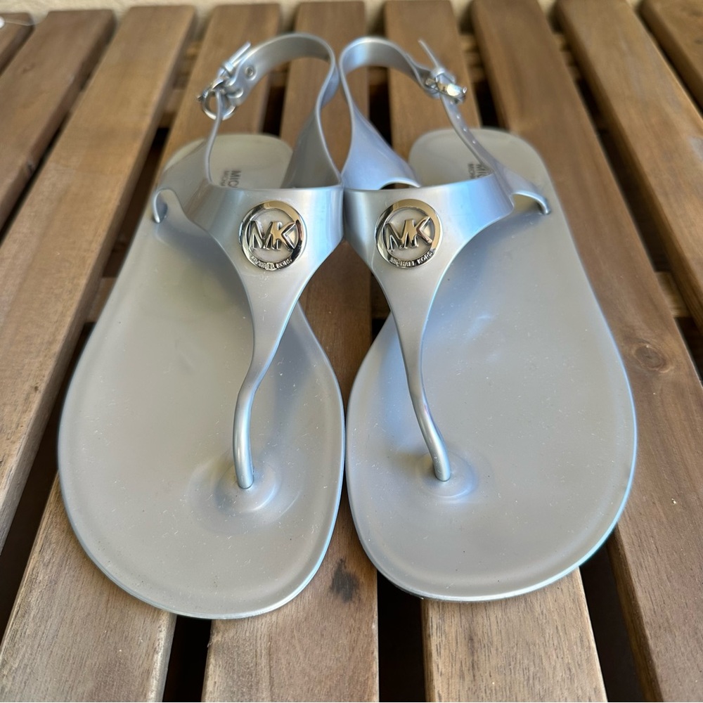 Michael Kors Silver MK Logo Jelly Ankle Strap Sandals Size 8M